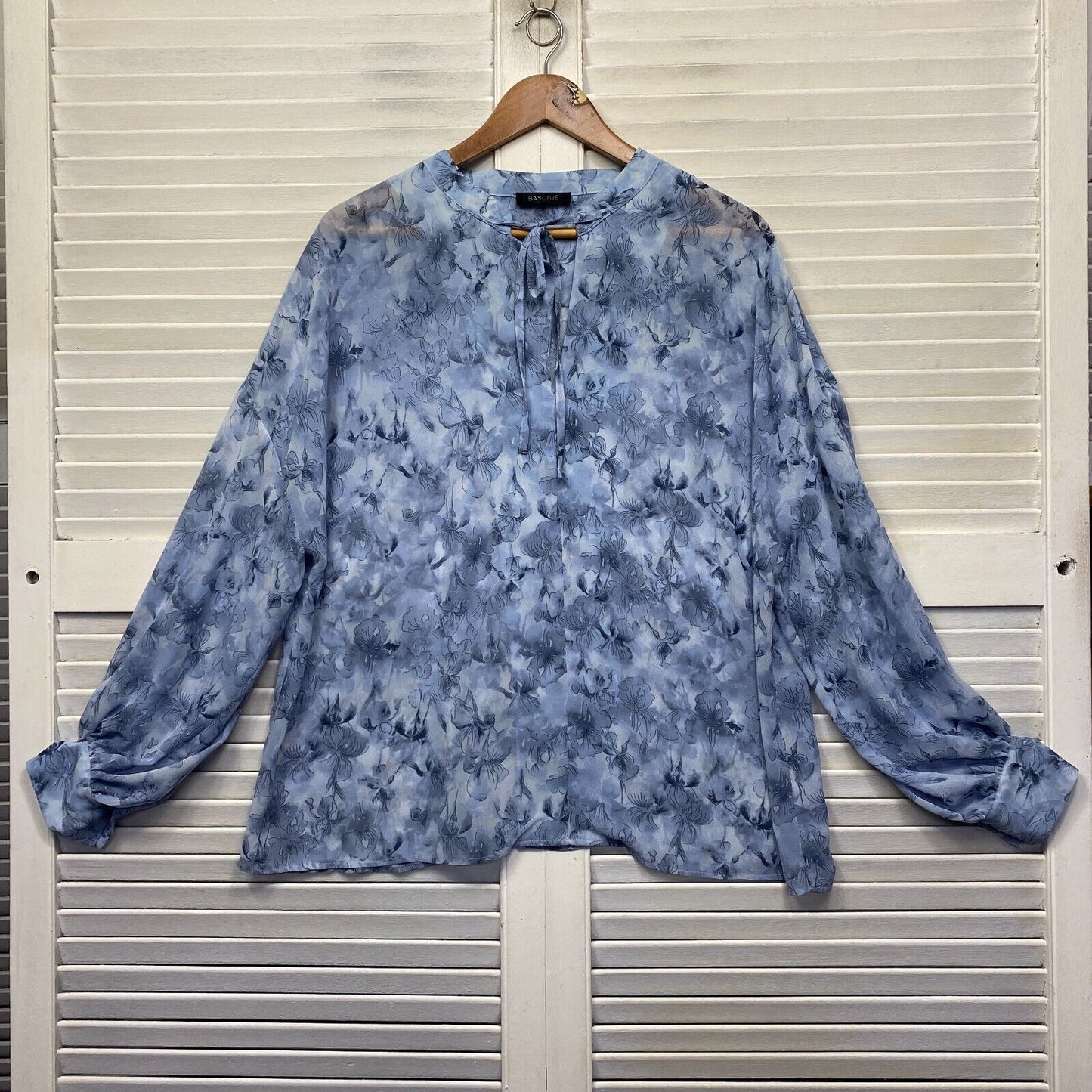 Basque Top Size 20 Plus Blue Floral Sheer Long Sleeve Office