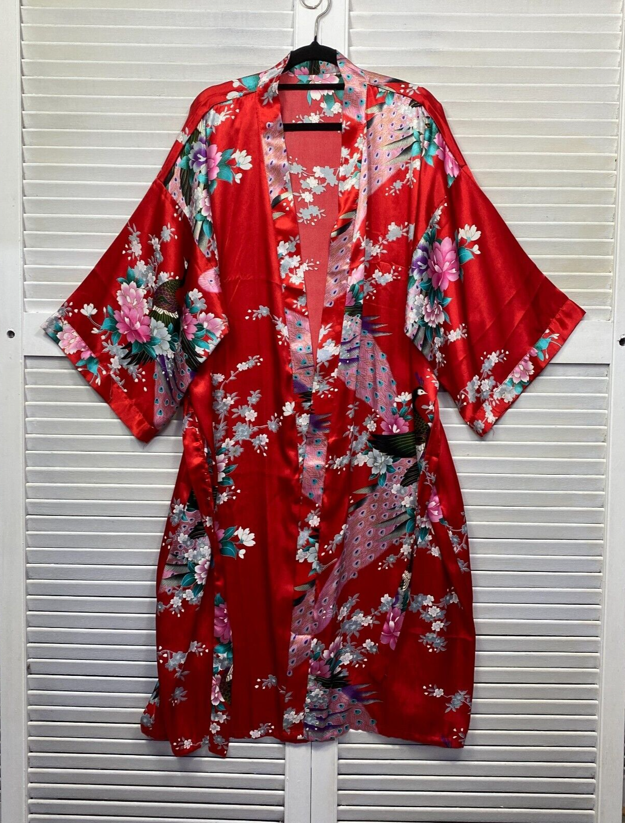 Dressing Gown Robe Sleep Red Floral Peacock Satin Belted One Size Fit to 14