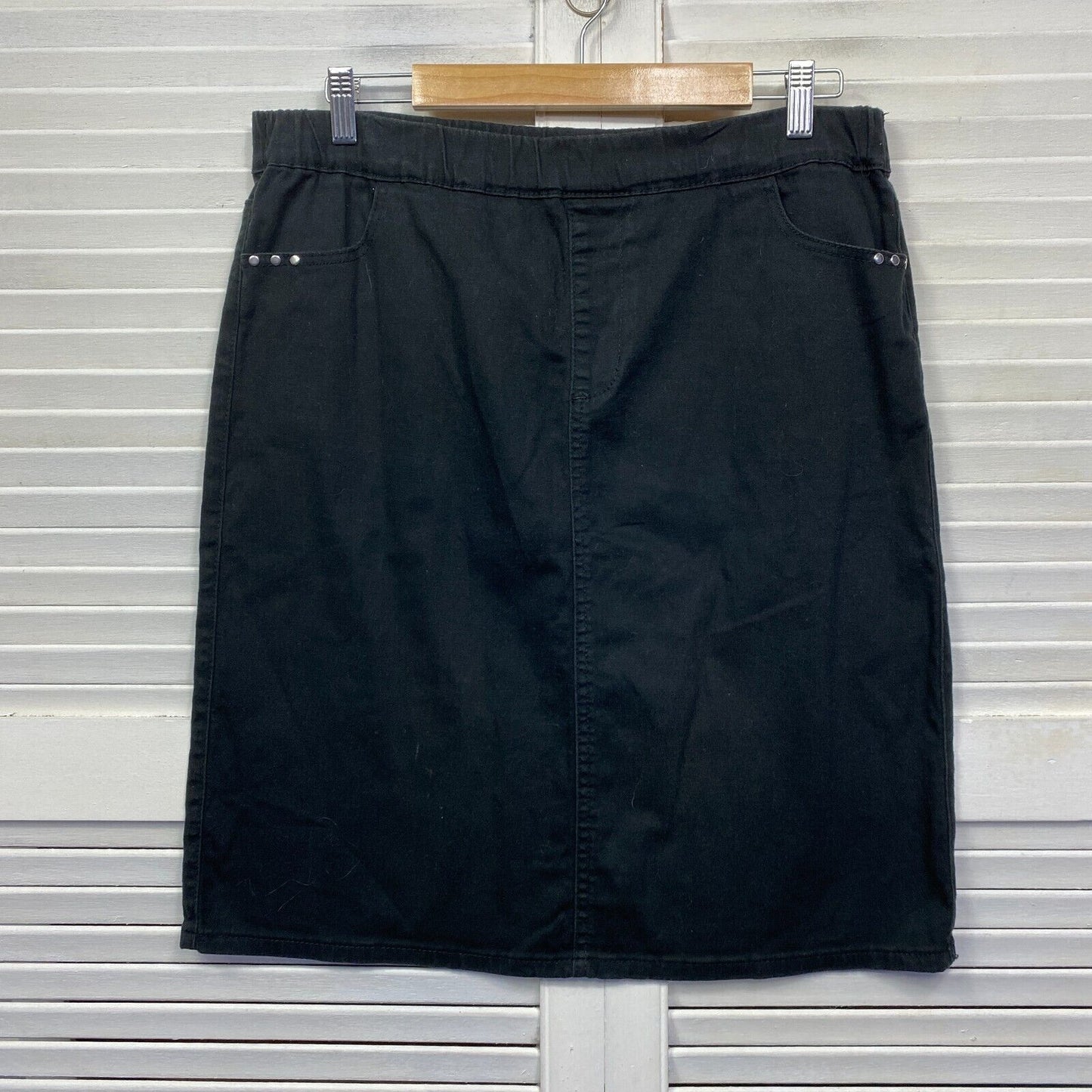 Rockmans Skirt Size 14 Black Knee Length Heavy Cotton Elastic Waist  Pockets