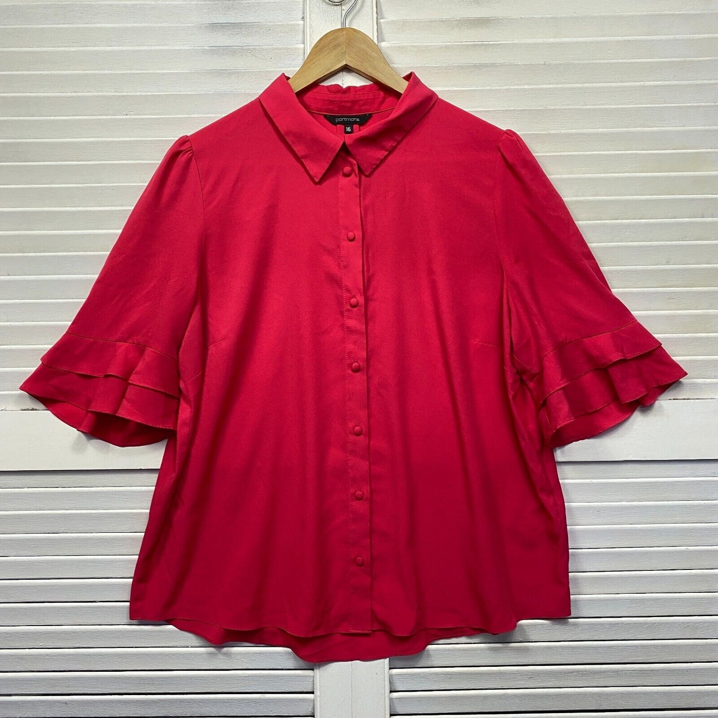 Portmans Top Red Short Sleeve Button Up Ruffle Collared Office