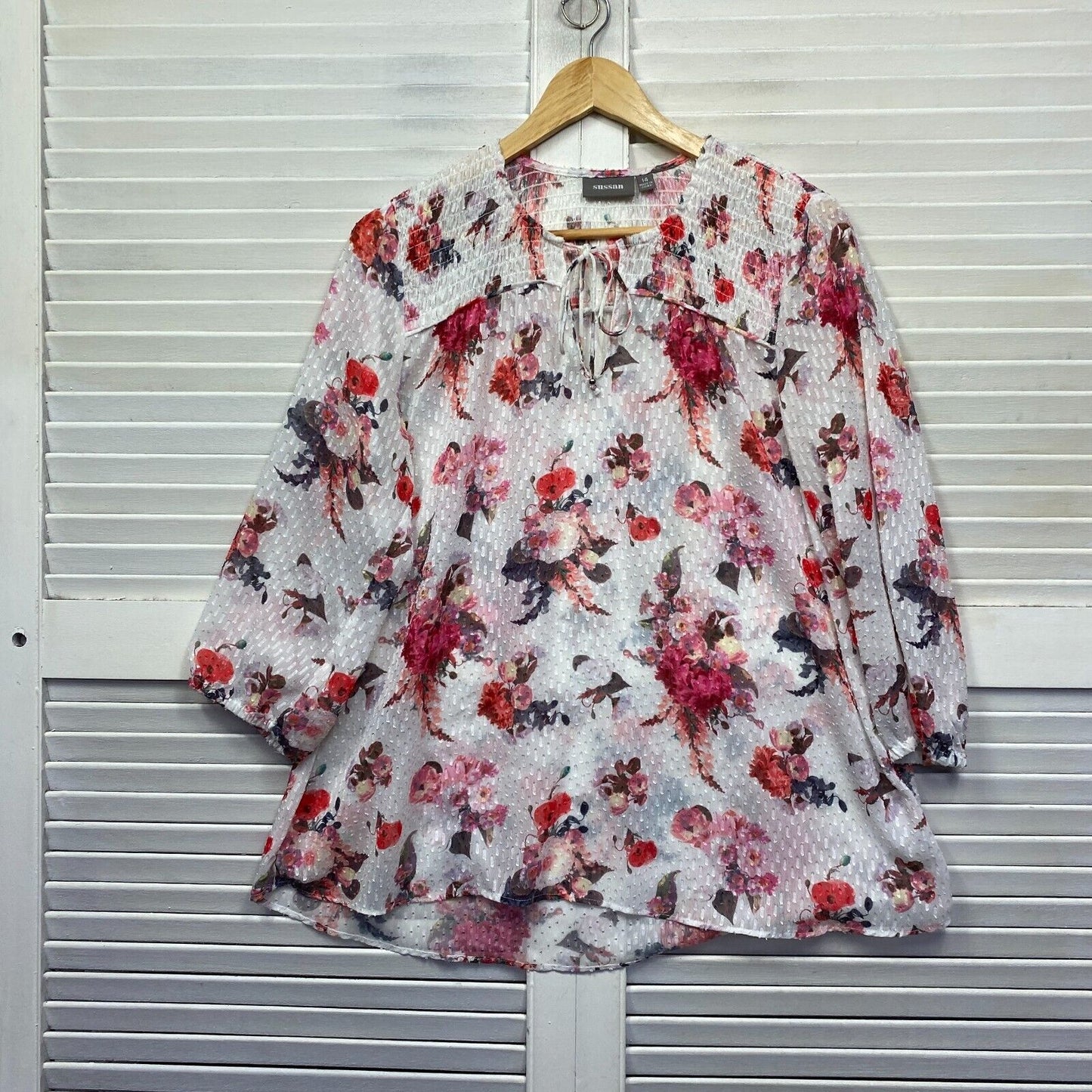 Sussan Top Size 14 White Floral Long Sleeve Sheer Ruched Preloved