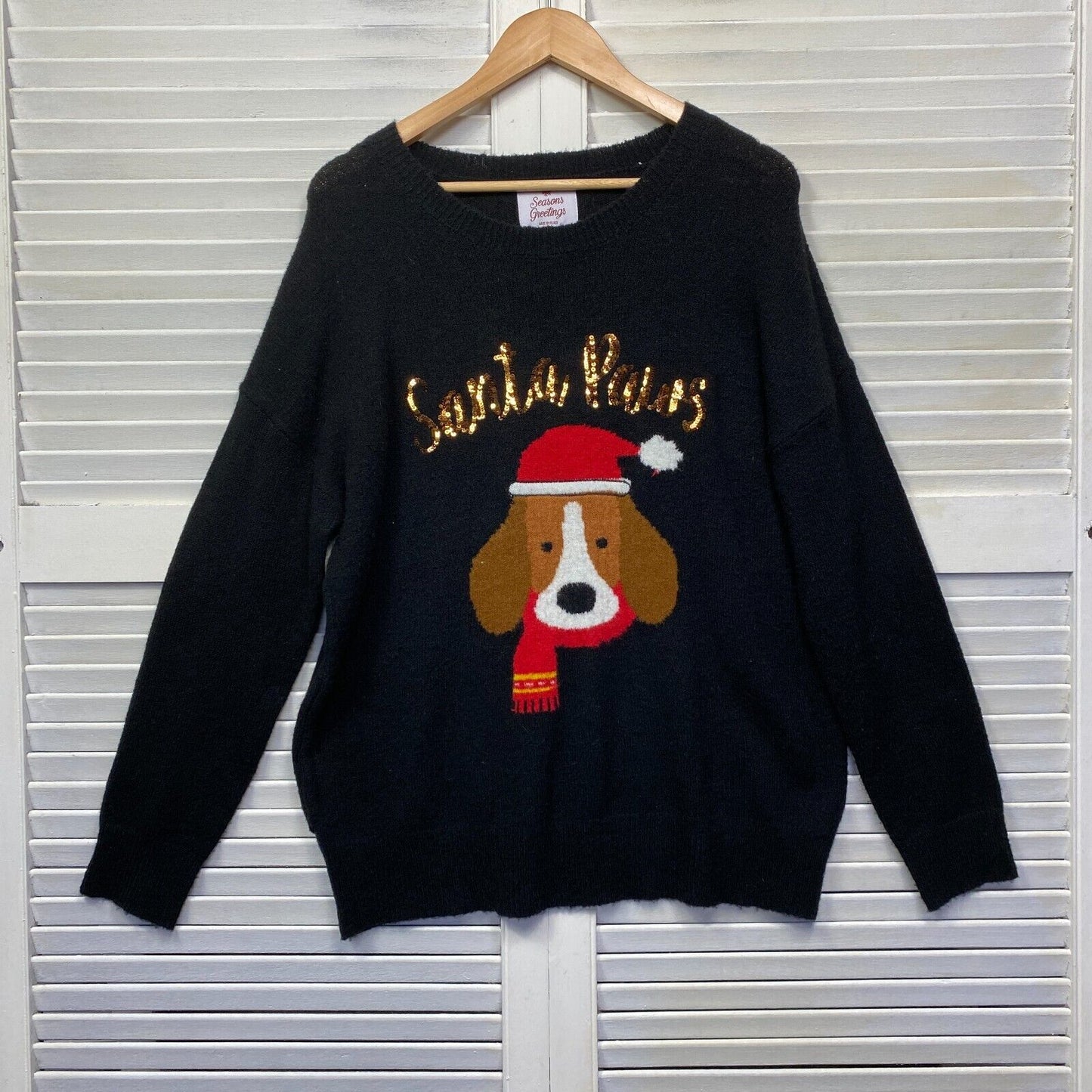 Santa Paws Christmas Jumper Size 14 Sweater Knit Dog Black Long Sleeve Sequins