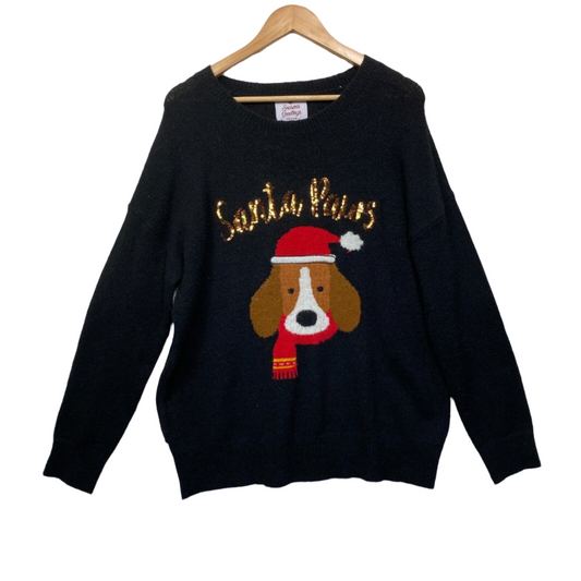 Santa Paws Christmas Jumper Size 14 Sweater Knit Dog Black Long Sleeve Sequins