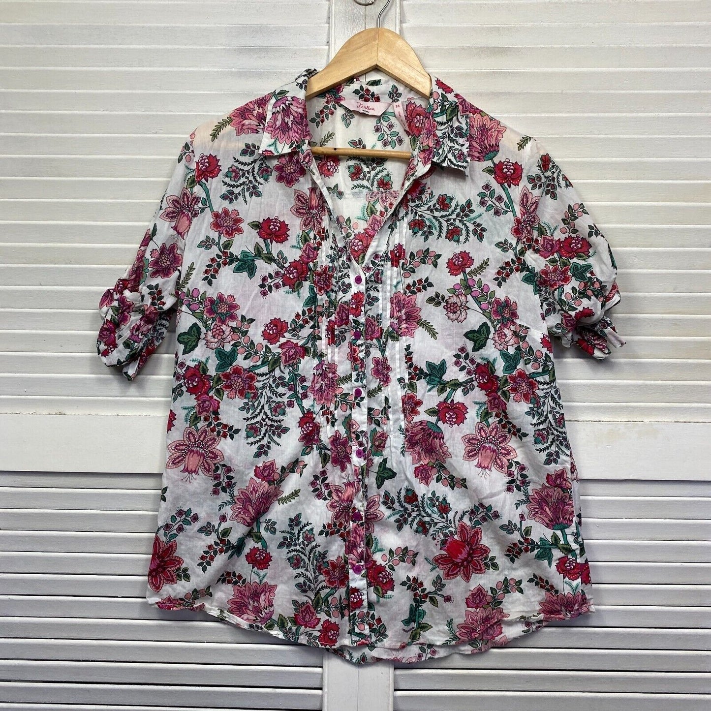 Millers Top Size 14 White Floral Short Sleeve Button Up Cotton Preloved