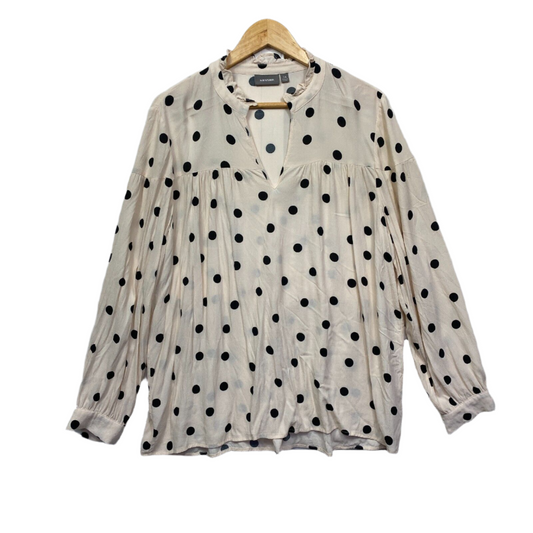 Sussan Top Size 14 Beige Black Polka Dots Long Sleeve Viscose