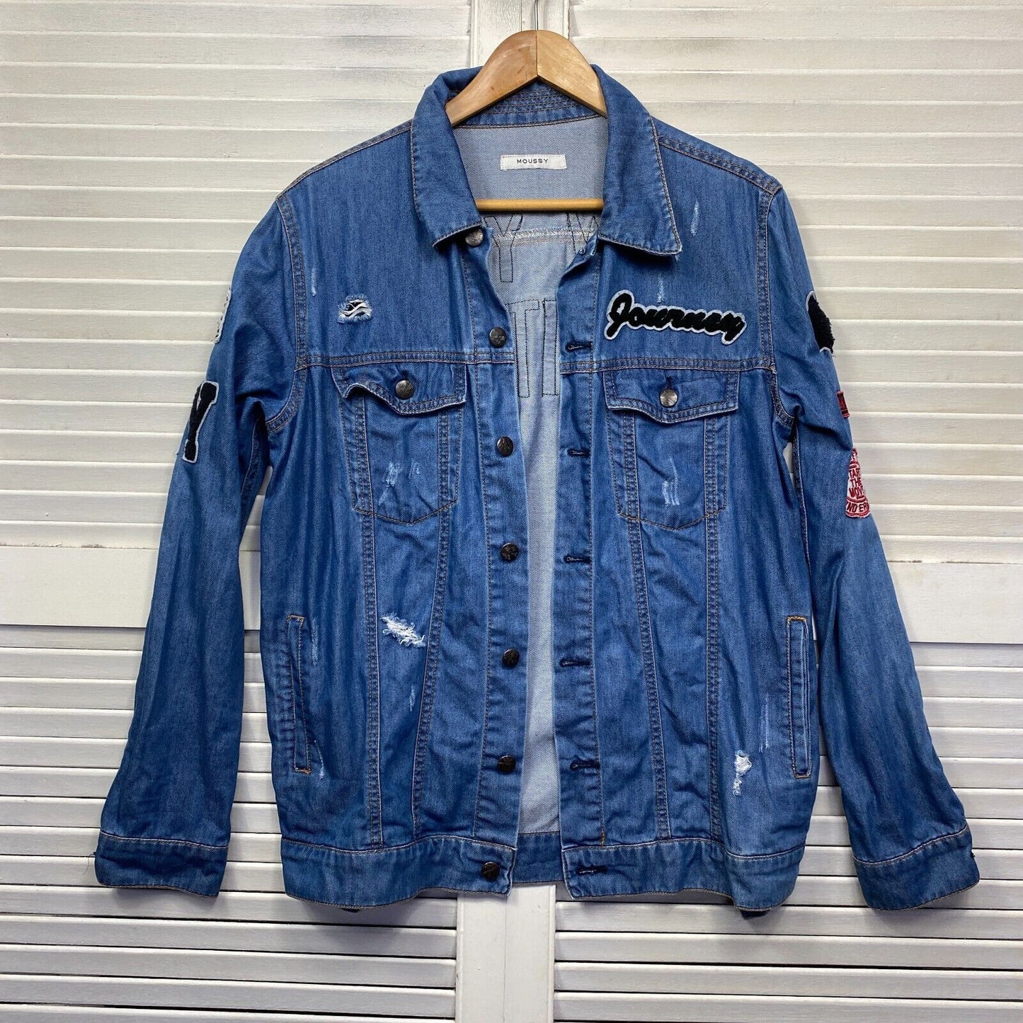 Moussy Vintage Denim Shirt Shacket Jacket With Patches One Size Designer Long