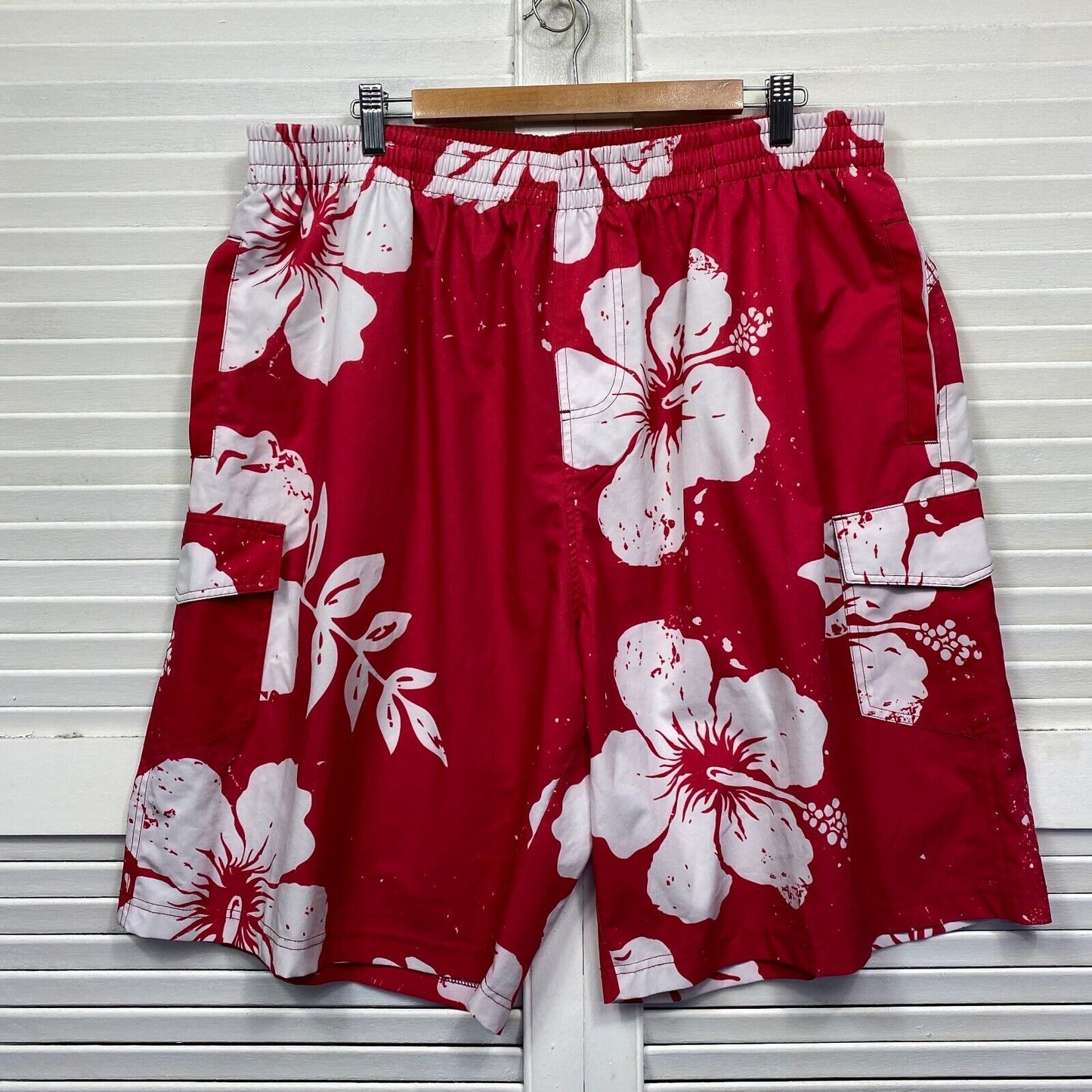 Hawaiian Board Shorts Mens 117 Plus Red White Floral Tropical Swim Bronco Vintage