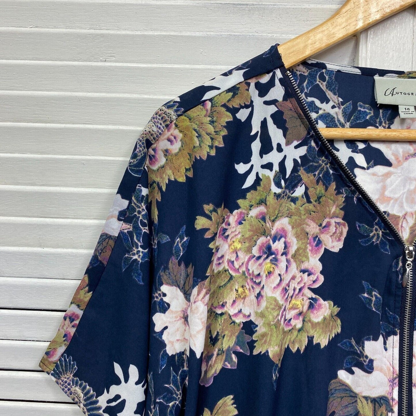 Autograph Top 14 Plus Navy Floral Kaftan Zip Neckline Longline Tunic Preloved