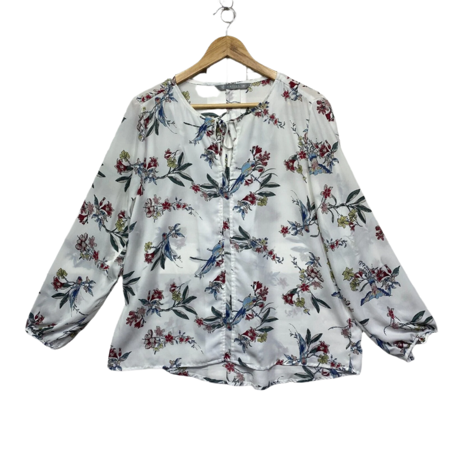 Katies Top Size 14 White Floral Long Sleeve Sheer Birds