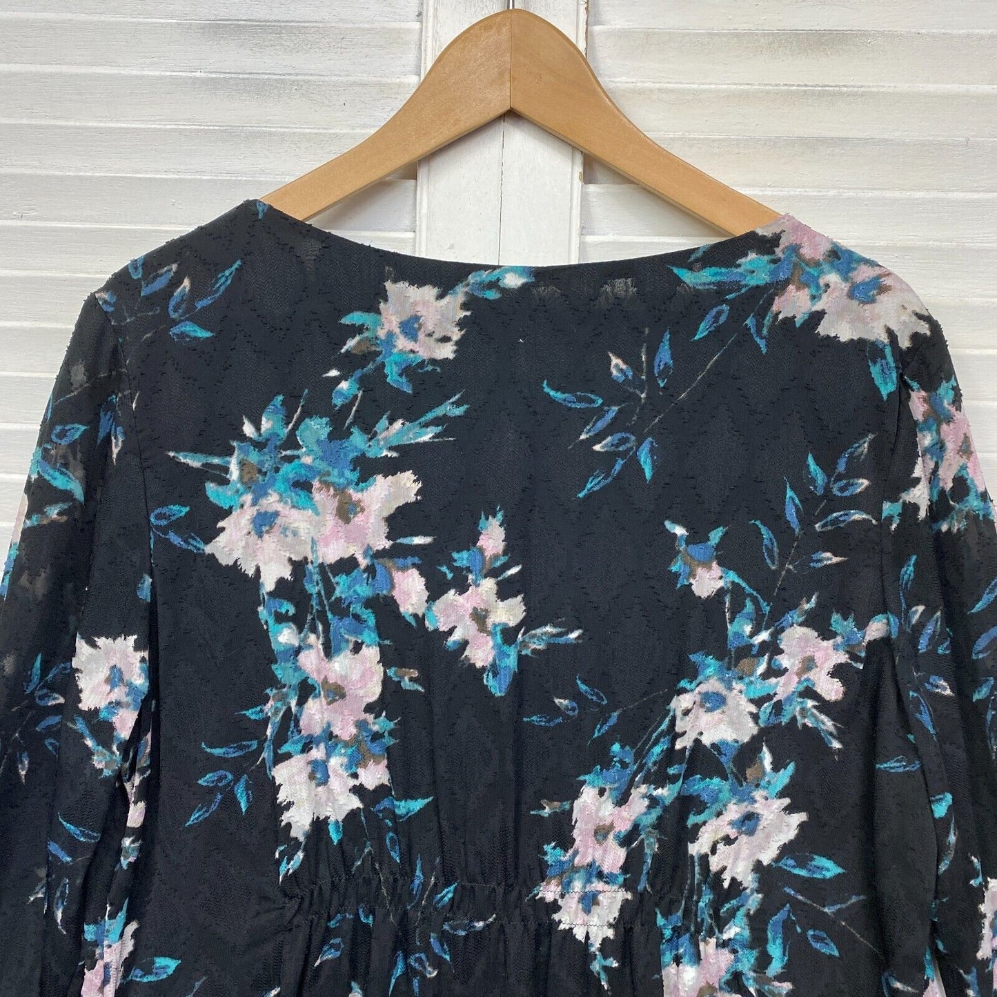 Katies Dress Size 14 Black Floral Long Bell Sleeve Lined