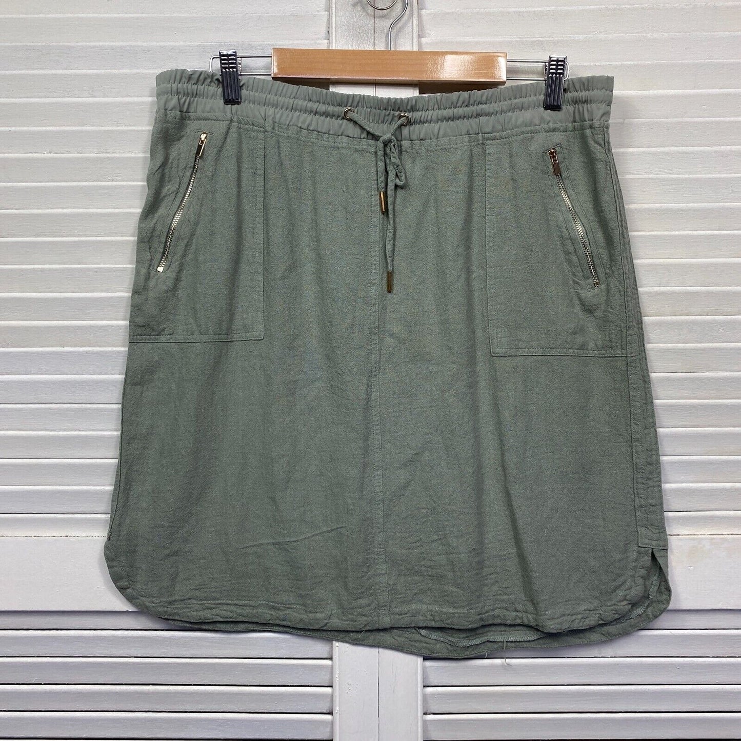 Rockmans Skirt Size 14 Green Linen Blend Zipped Pockets Drawstring Preloved