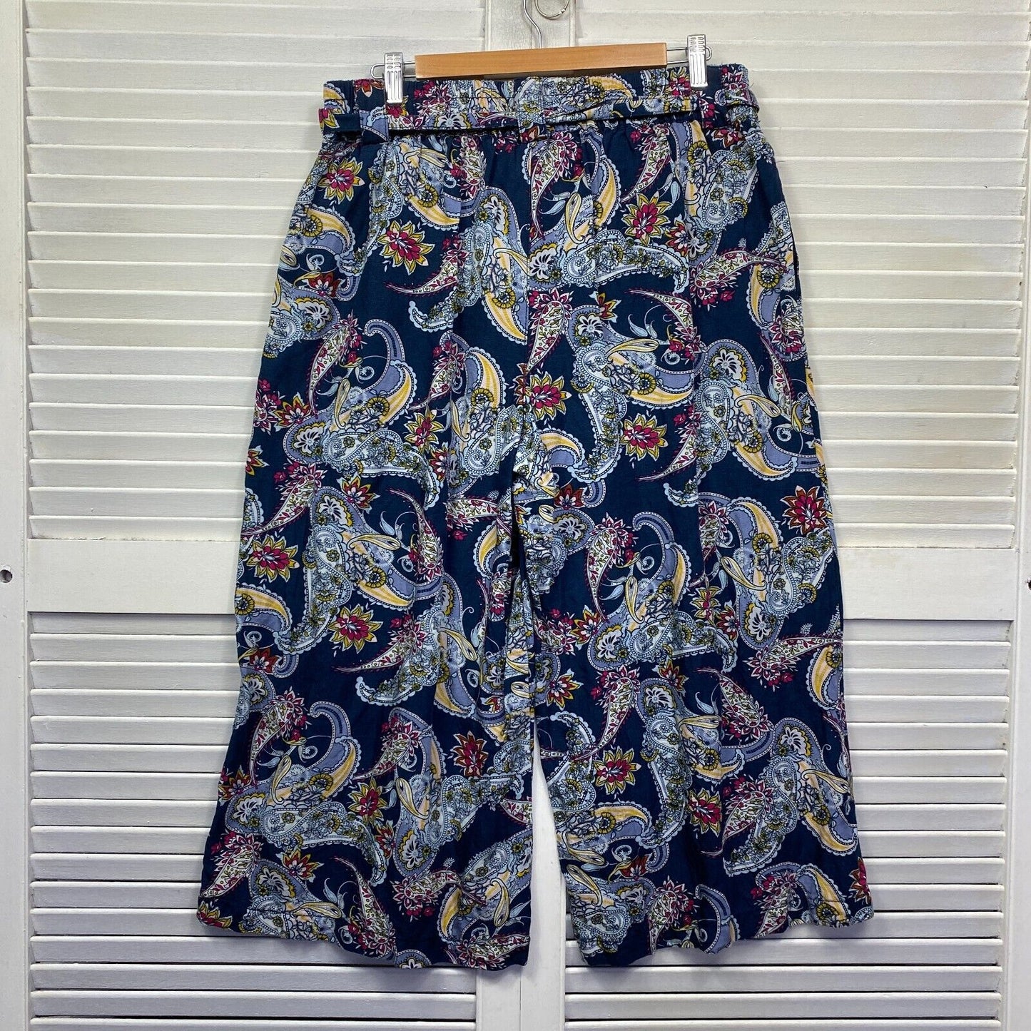 Target Linen Pants Size 14 Navy Paisley Floral Cropped Pockets Belt Preloved