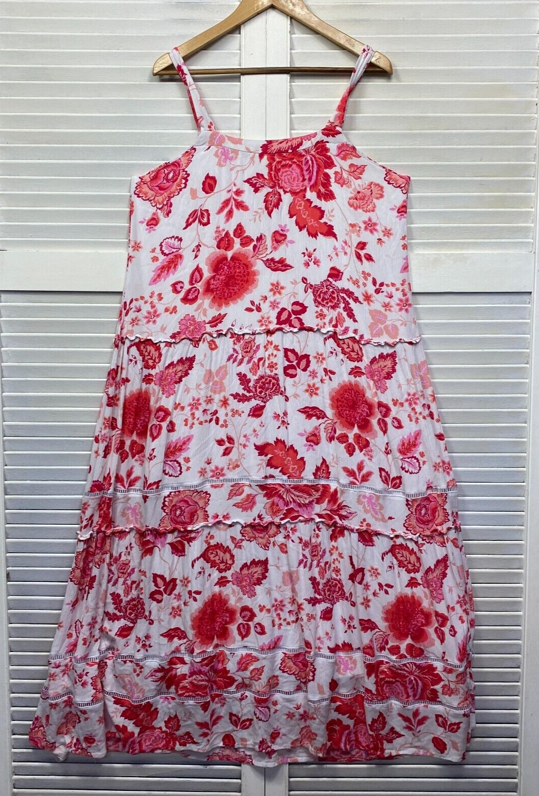 Rockmans Maxi Dress Size 14 Red White Floral Sleeveless Viscose