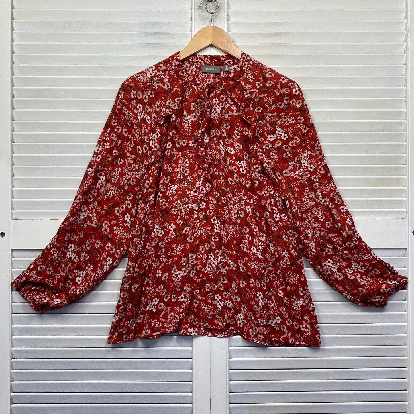 Sussan Top Size 14 Orange Floral Print Long Sleeve Viscose