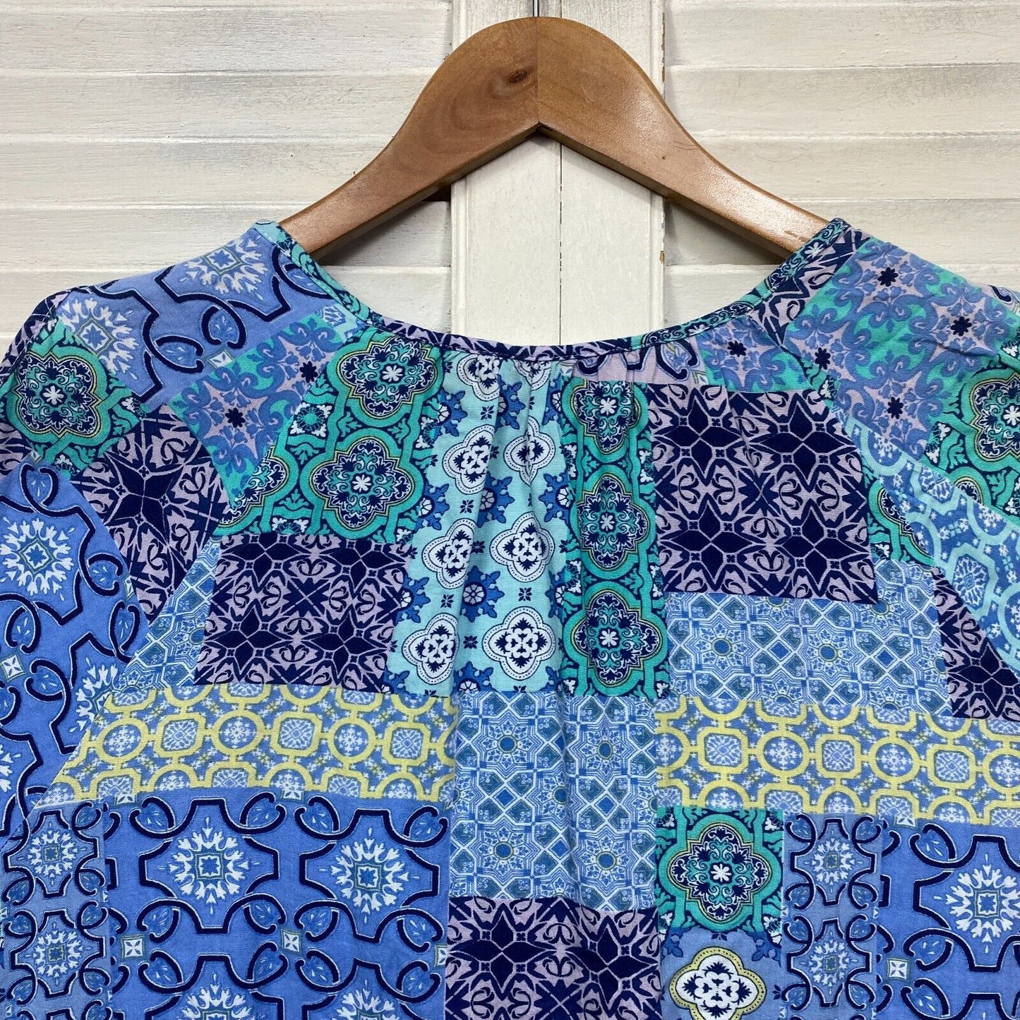 Millers Top Size 16 Blue Patchwork Print Cold Shoulder Short Sleeve Viscose