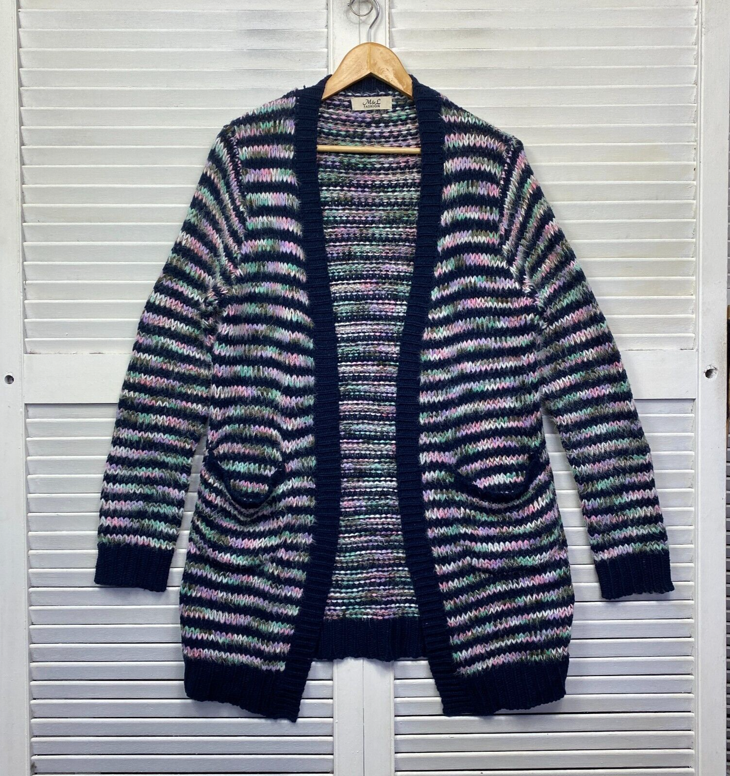 Wool Blend Cardigan Jumper One Size Fit to 16 Striped Longline Knit