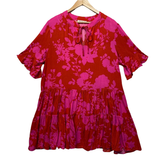 Label of Love Dress Size XL 16 Plus Red Pink Floral Smock Shift Teired