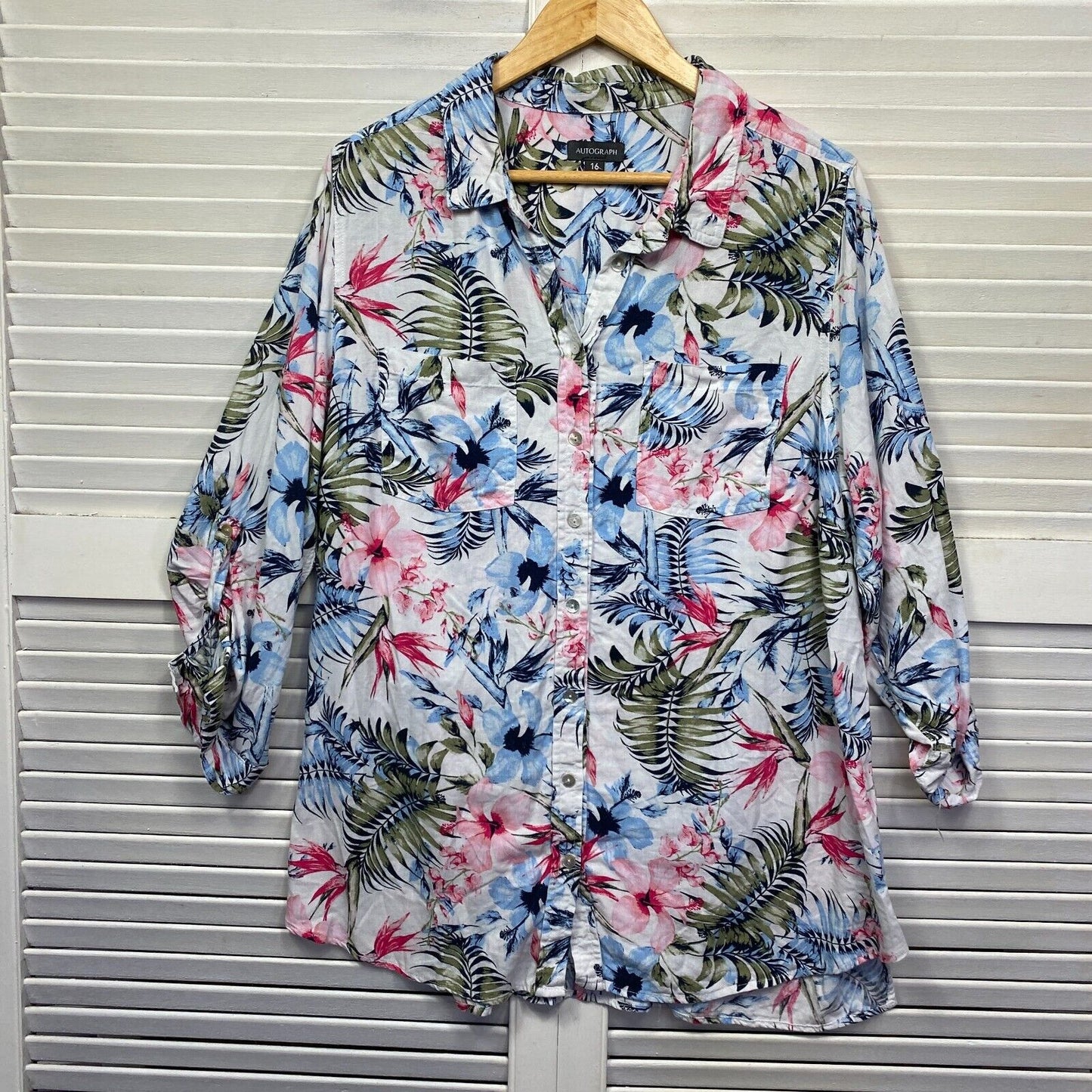 Autograph Top Shirt 16 Plus Linen Blend Long Sleeve Roll Tab Sleeve Floral