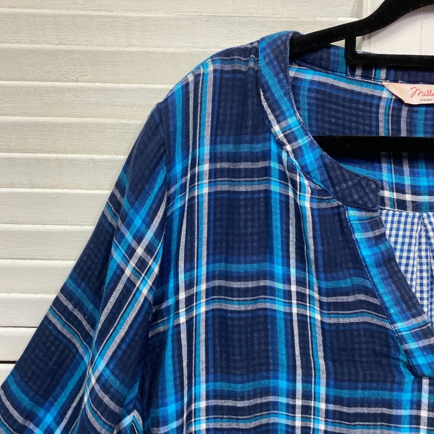 Millers Top Size 22 Plus Blue Check 3/4 Sleeve 100% Cotton