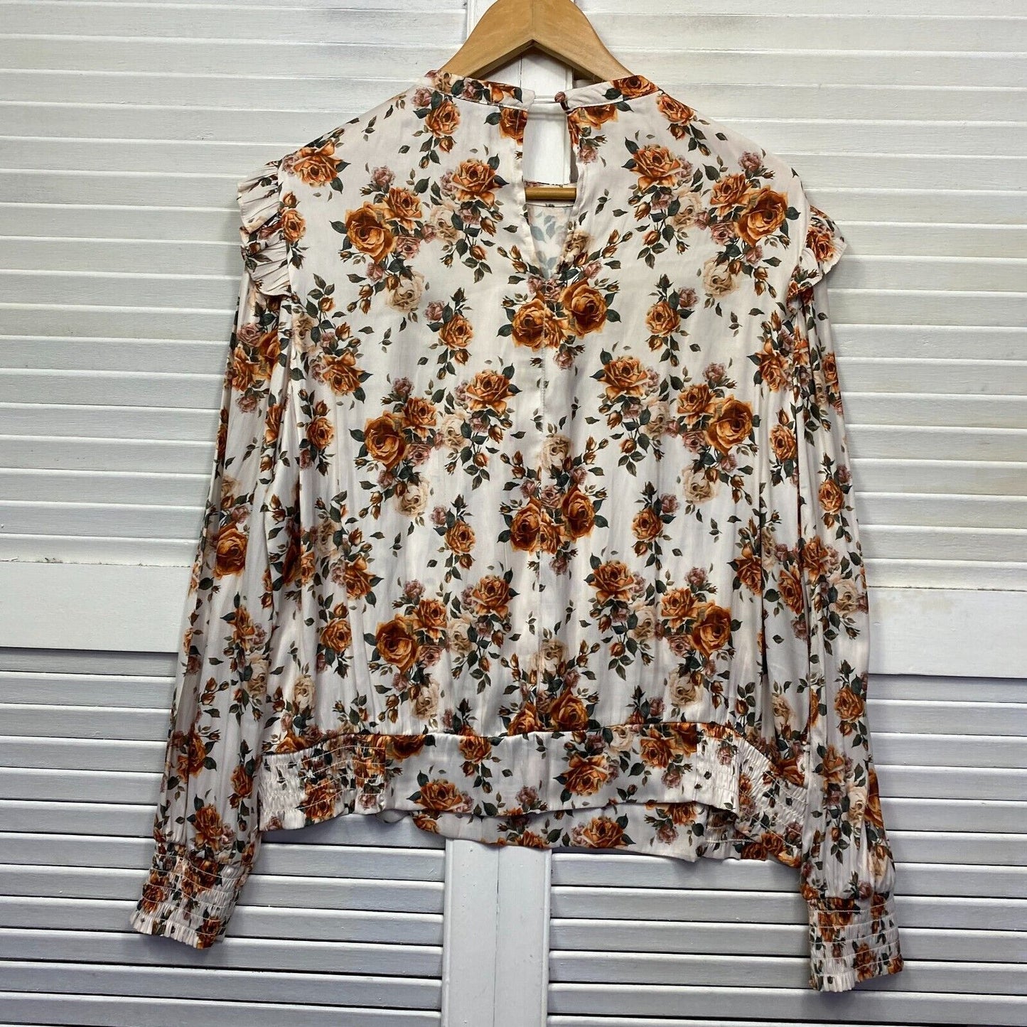 Piper Top Size 14 White Floral Long Sleeve Ruffle Ruched Cocktail Business