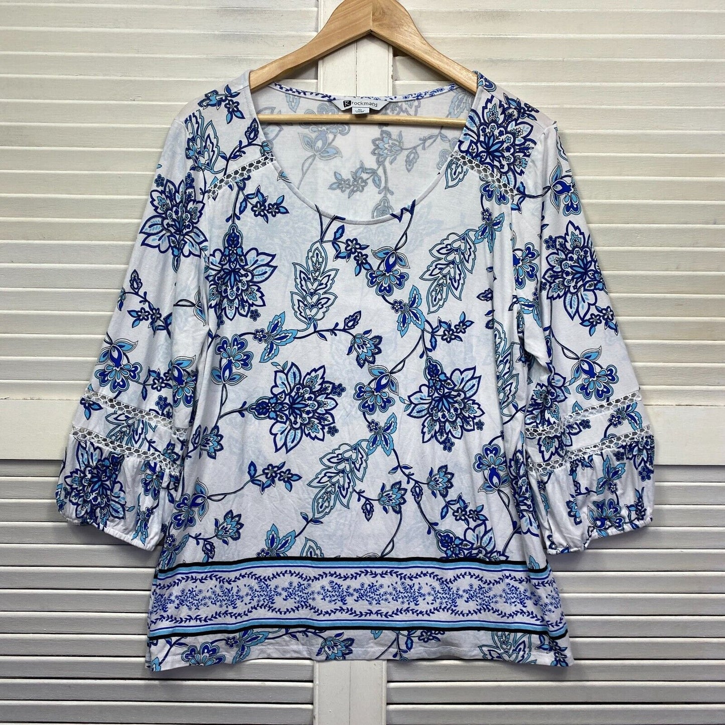 Rockmans Top Size XL Blue White Floral Long Sleeve Viscose Preloved