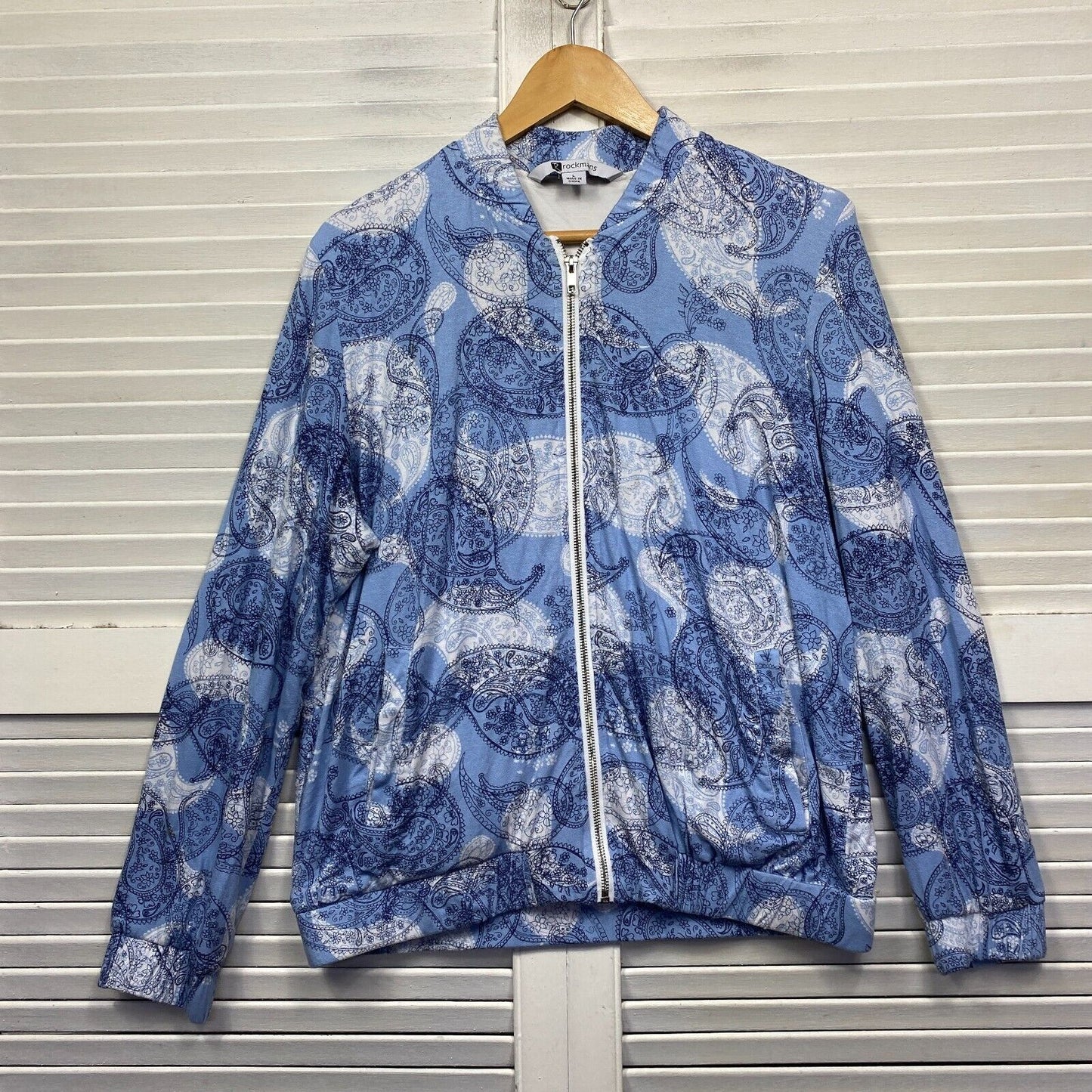 Rockmans Jumper Jacket Large Blue Paisley Print Full Zip Up Pockets