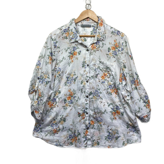 Katies Top 20 Plus White Floral Button Up Roll Tab Sleeve Viscose