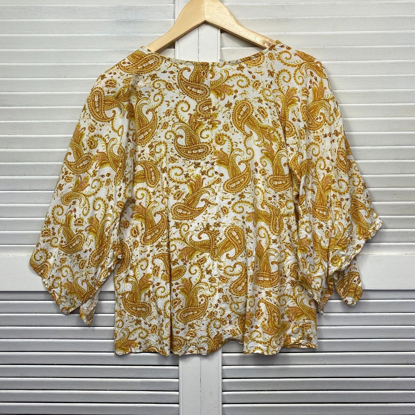 Crossroads Top Womens 14 White Mustard Paisley Print Boho Wide Sleeve