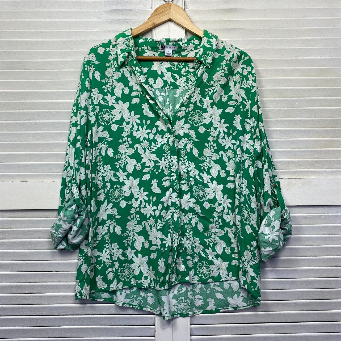 Rockmans Top Size 18 Plus Green White Floral Button Up Long Sleeve