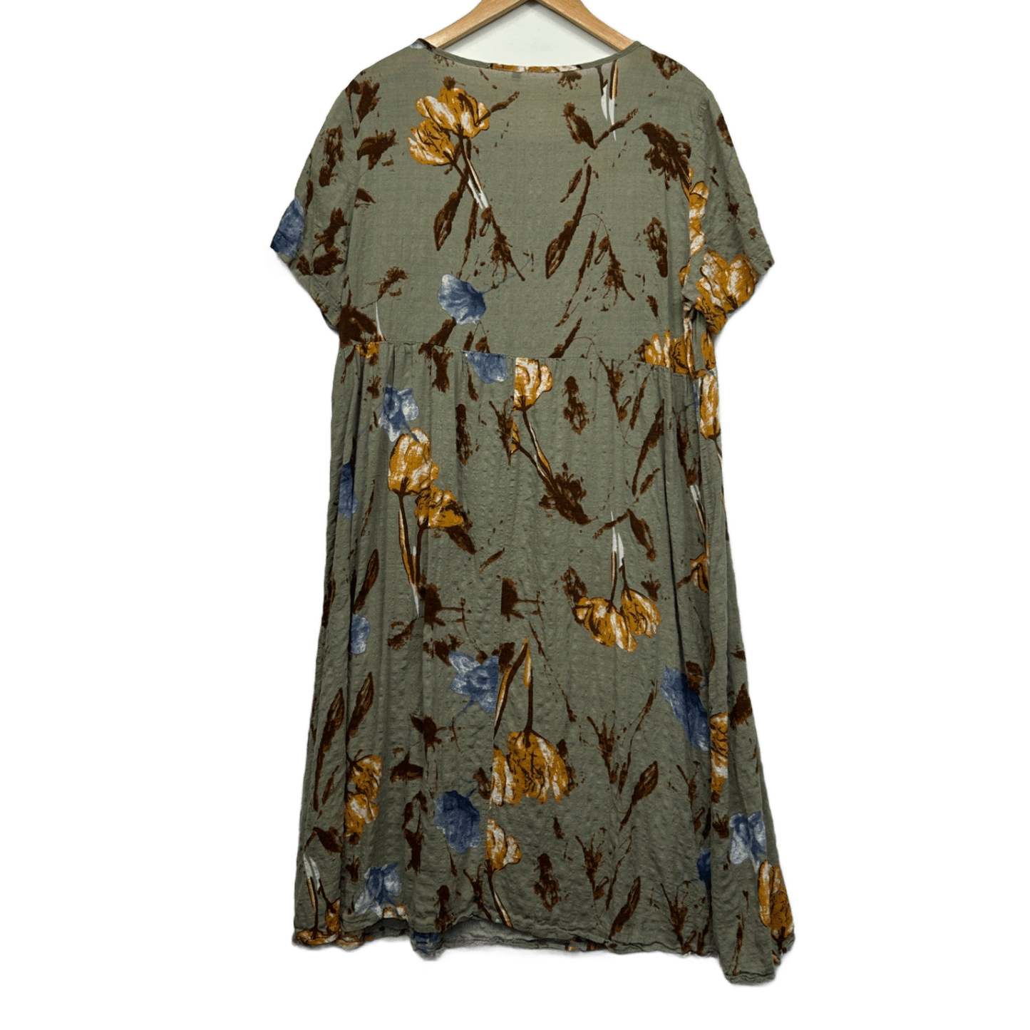 Olive Green Floral Maxi Dress Size 18 20 Short Sleeve Midi Length Rayon?