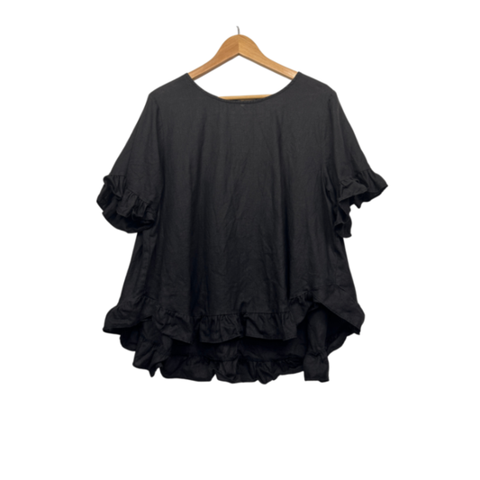 DISSH Top Size 12 14 Black Linen Ruffle Sleeve Medium Large