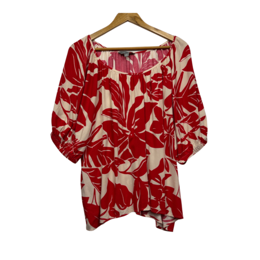 Suzanne Grae Tunic Top Size 18 Red Beige Short Pillow Sleeve Viscose