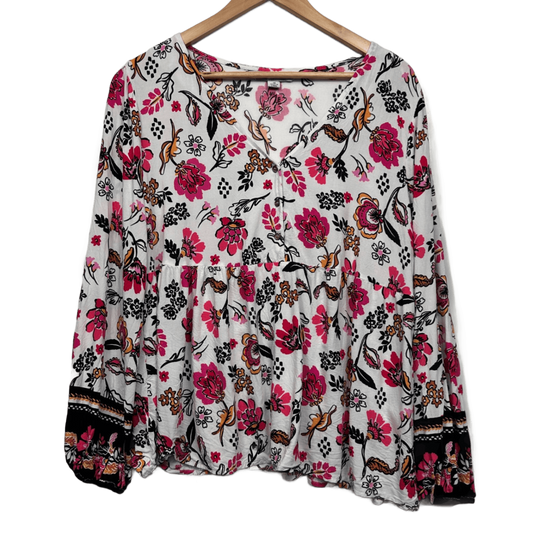 Rockmans Top Size 18 White Floral Long Sleeve 100% Viscose