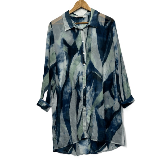 Virtuelle Shirt Blouse Blue Green White Polyester Long Sleeve  Sheer Size 14