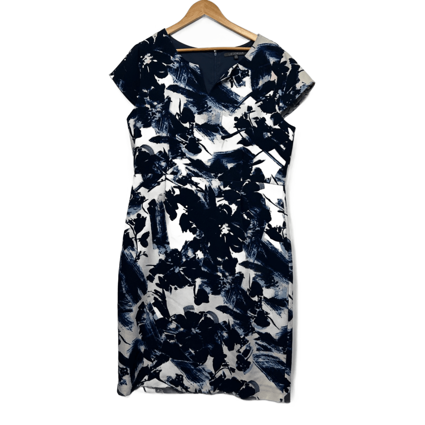 Liz Jordan Dress Blue White Floral Cap Short Sleeve Pencil Size 16
