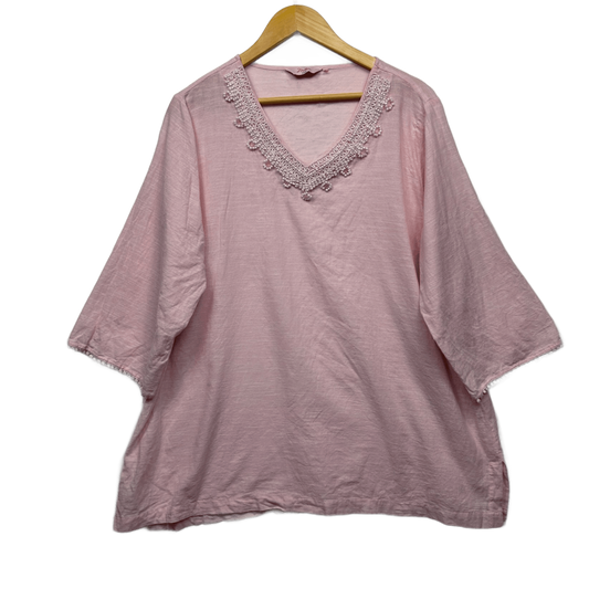 Millers Pink Cotton 3/4 Sleeve V-Neck Beaded Top Size 18 - 20