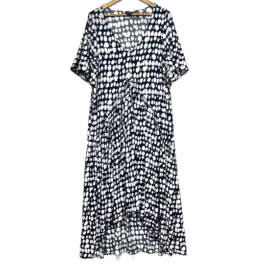 Evans Maxi Dress Size 16 Navy White Spot Print Short Sleeve Viscose