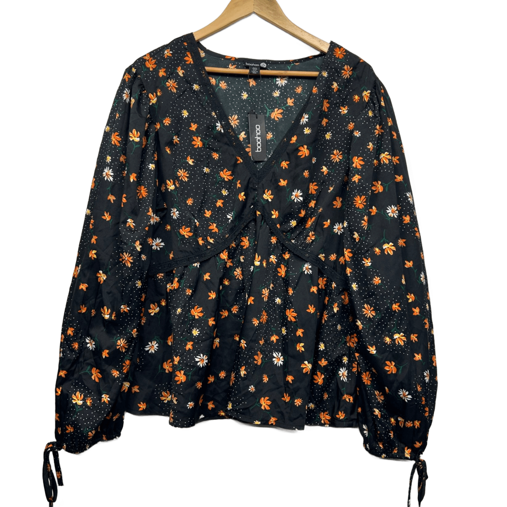 New Boohoo Top 22 Black Polyester Long Sleeve V-Neck Smock Blouse