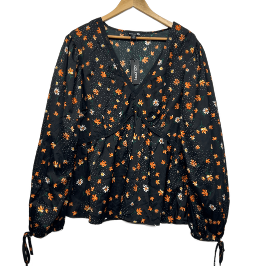 New Boohoo Top 22 Black Polyester Long Sleeve V-Neck Smock Blouse