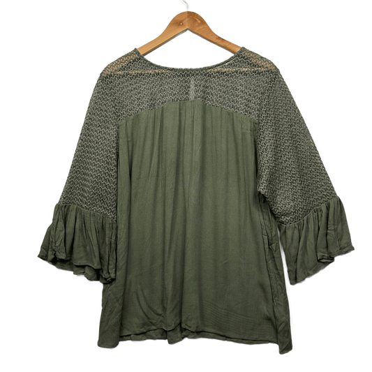 Sara Top Size 24 Green Viscose Crochet Boho Ruffle 3/4  Bell Sleeve Viscose