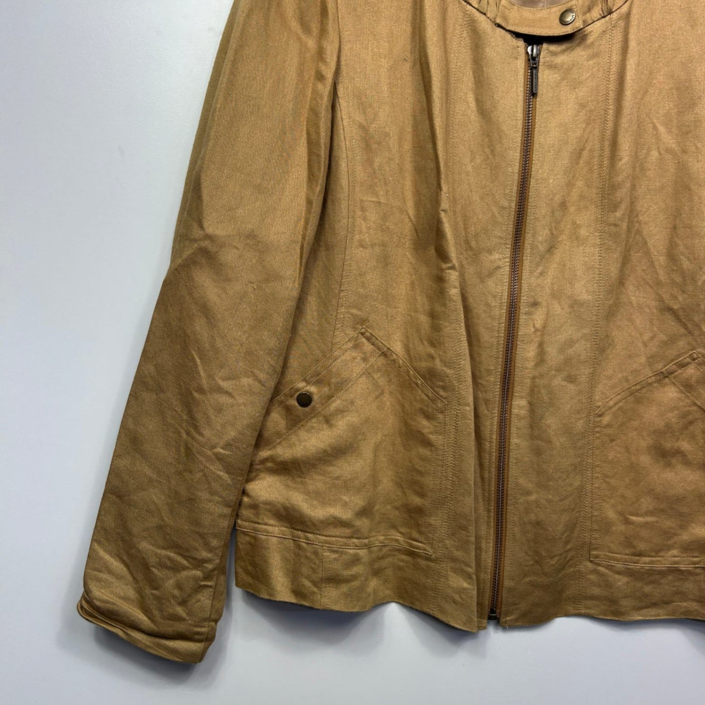 Sportscraft Jacket Size 18 Brown Tan Zip Front Long Sleeve Linen Blend