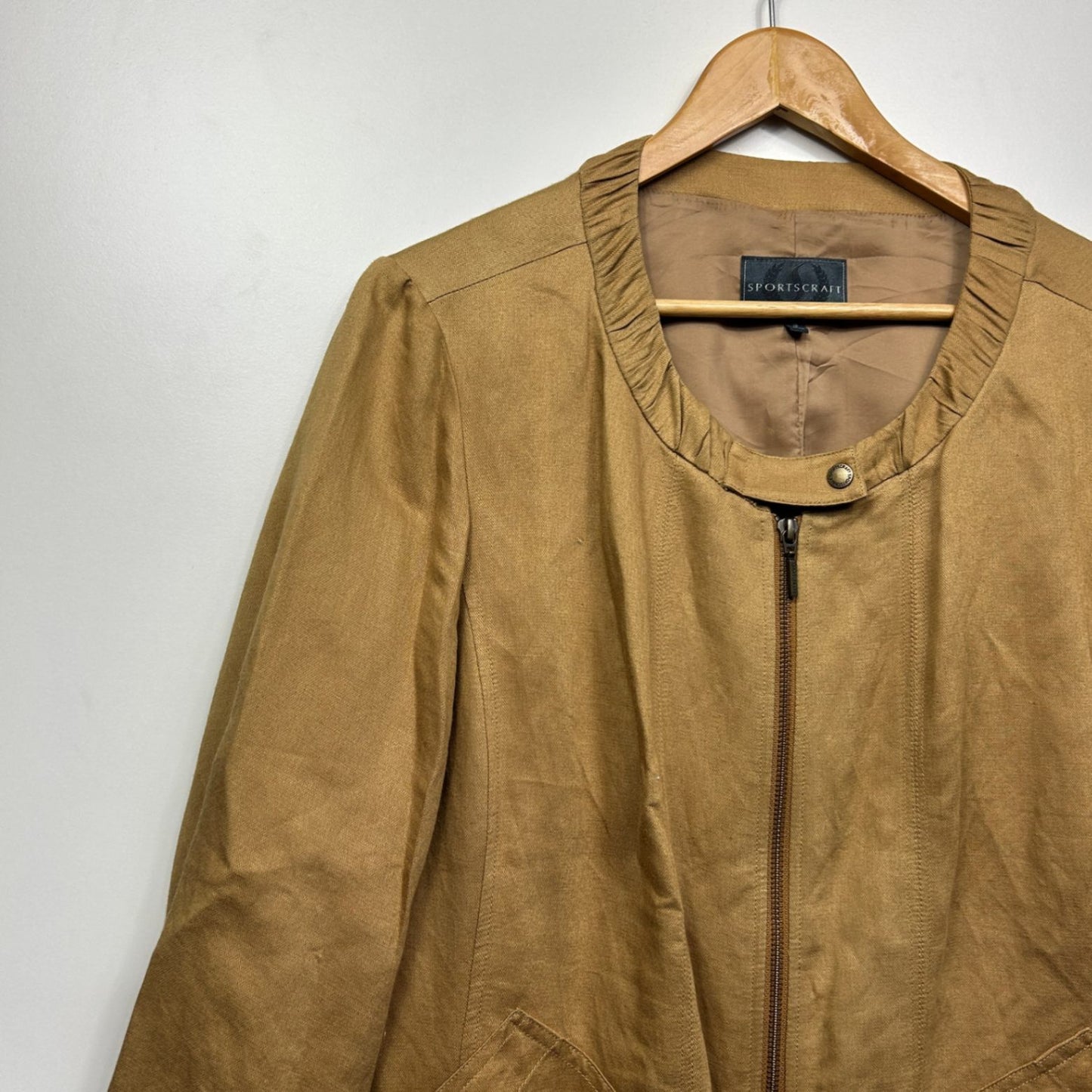 Sportscraft Jacket Size 18 Brown Tan Zip Front Long Sleeve Linen Blend