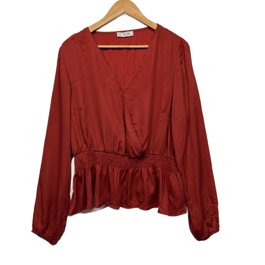 YOU + ALL Top Size AU 18 Rust Red Solid Long Sleeve Polyester Peplum