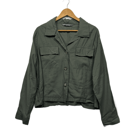 Katies Jacket Shacket Top Olive Green Viscose Button Up Long Sleeve Size 20