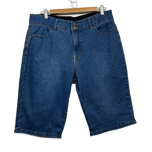 Rockmans Bermuda Denim Shorts Size 14 Blue Elastic Waist Pockets
