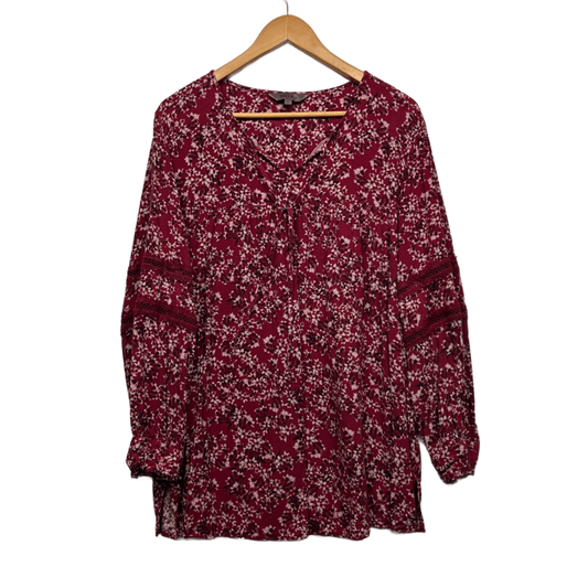 Belle Curve Top Size 22 Red Floral Long Sleeve Crochet Trim Viscose