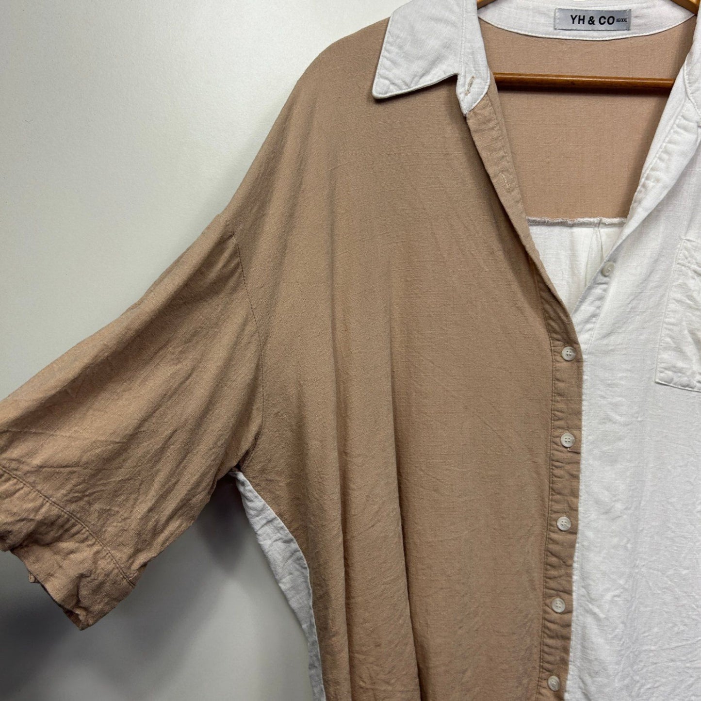 YH & Co Button-Up Shirt Size 16/XXL White Tan Colourblock Short Sleeve