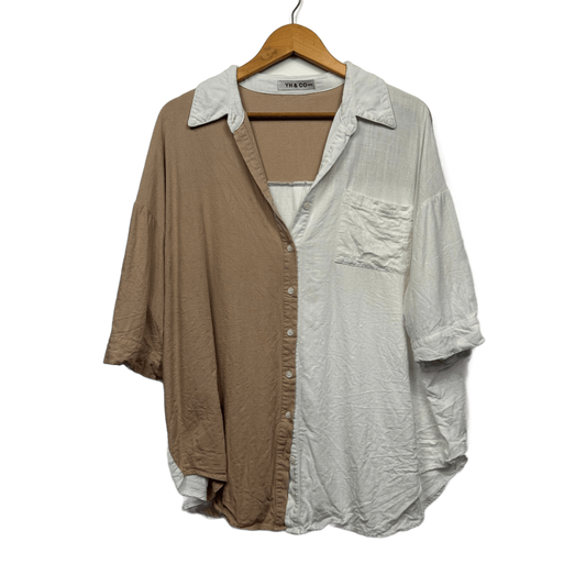 YH & Co Button-Up Shirt Size 16/XXL White Tan Colourblock Short Sleeve