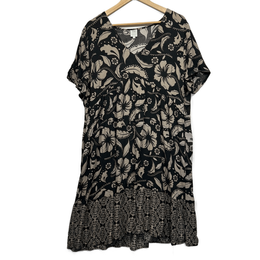 Rivers Shift Dress Size 18 Black Beige Floral Short Sleeve Pockets