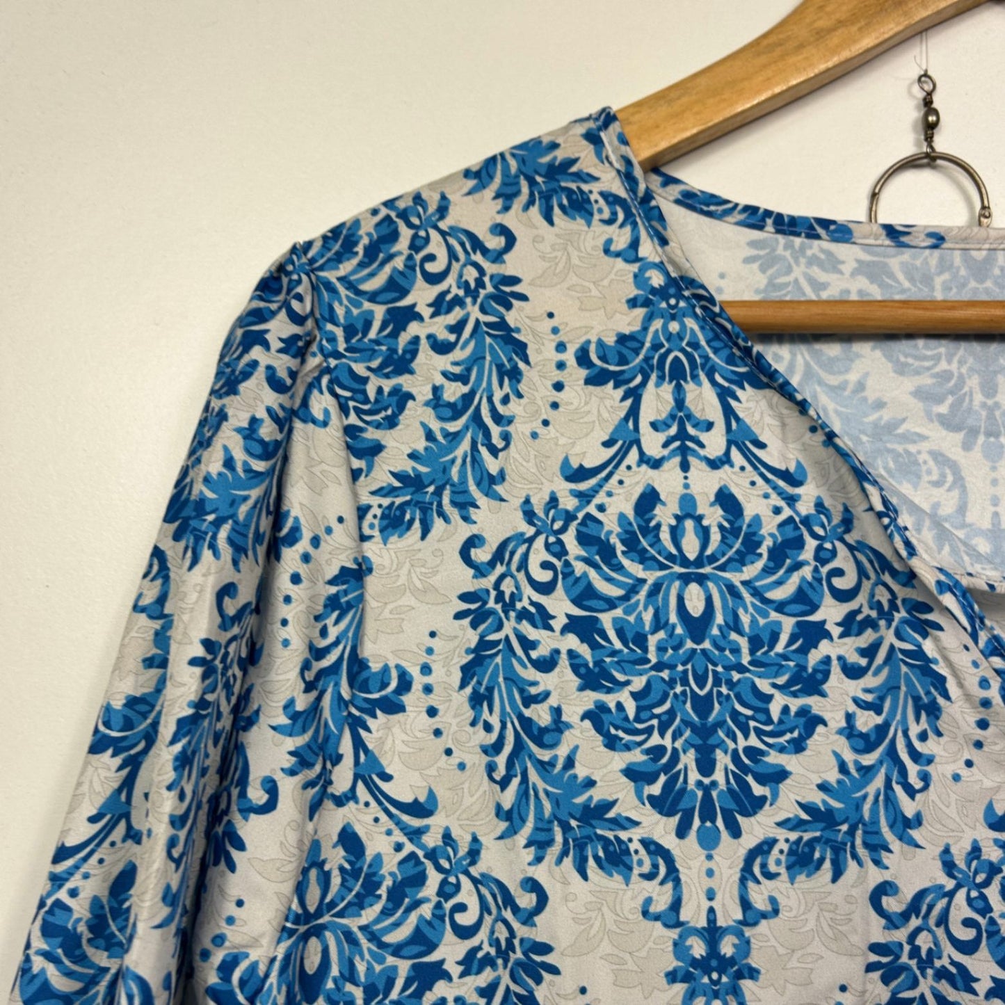 New Boho Blue White Long Sleeve Women Casual Maxi Dress Size 2XL 18